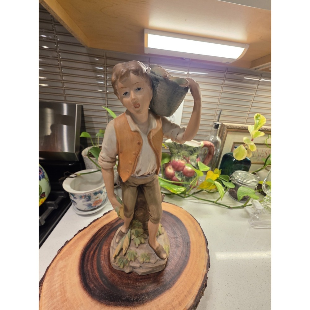 Figurine Country Boy Lad With Apple Basket HOMCO Ceramic 12" Vintage Home Decor